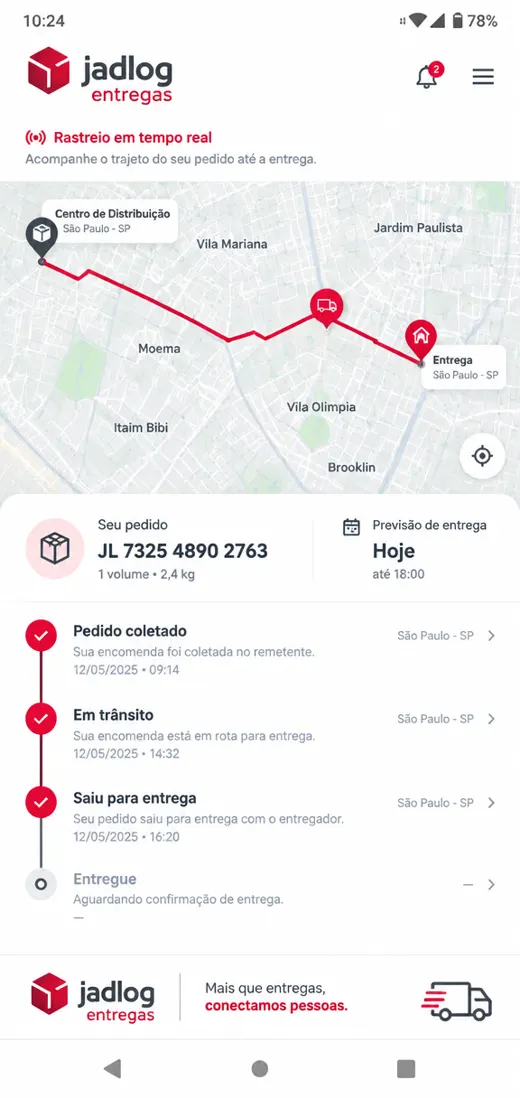Rastreio em tempo real no mapa do aplicativo Jadlog Entregas
