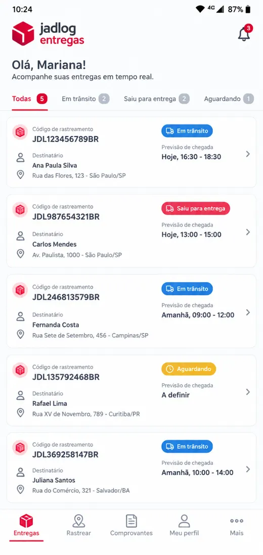 Lista de entregas do aplicativo Jadlog Entregas
