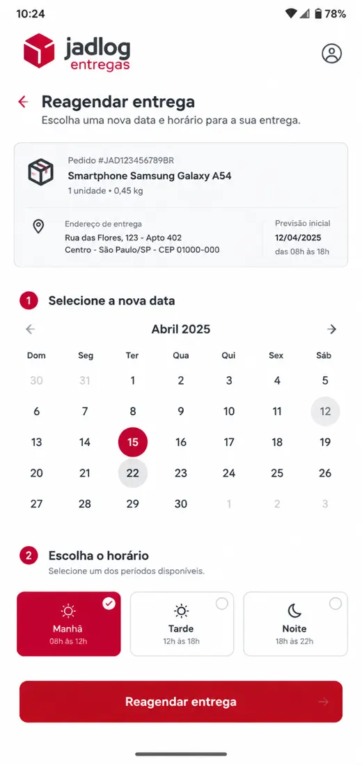 Tela de reagendamento de entrega do aplicativo Jadlog Entregas